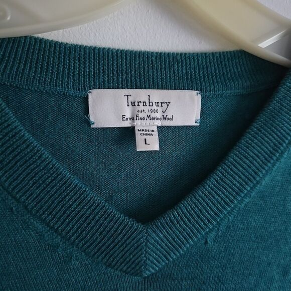 Turnbury Extra Fine Merino Wool Sweater Large Green Men's V-neck - Picture 2 of 7